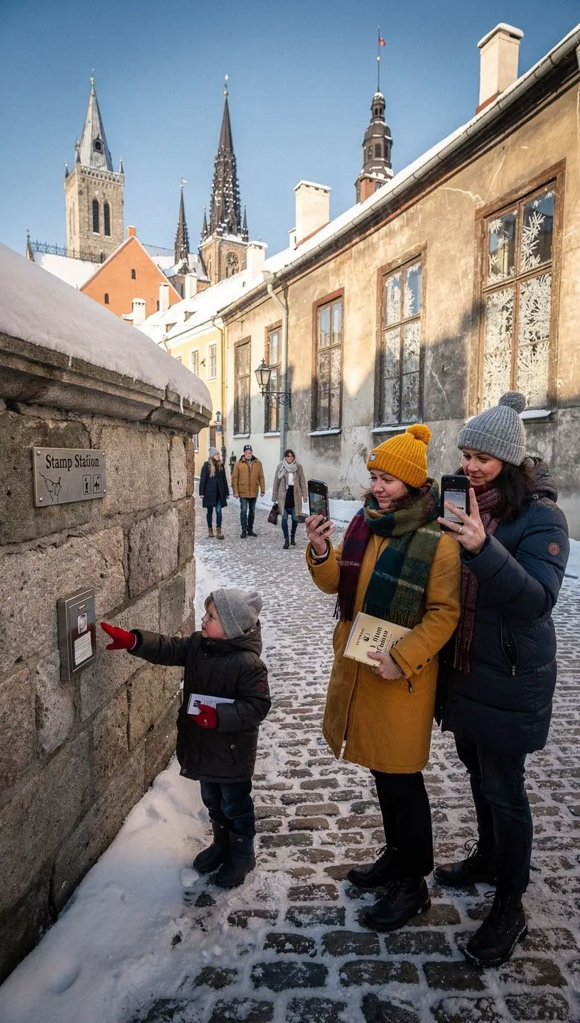 Jalutusrada pargis, kus osalejad uurivad füüsilist juhisraamatut ja otsivad järgmisi tempelkohti.